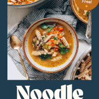 Image of our chicken noodle soup recipe served in bowls and in a Dutch oven with text saying dairy-free and gluten-free