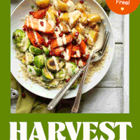 Photo of our vegan and gluten-free harvest bowl with roasted vegetables, quinoa, and tahini sauce