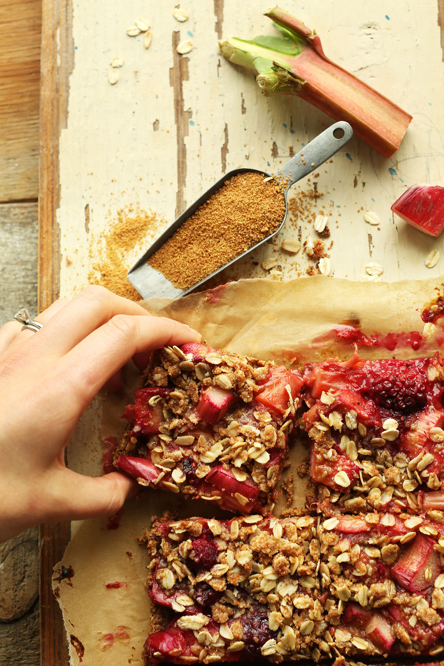 Squares of our healthy gluten-free vegan Strawberry Crumble Bars