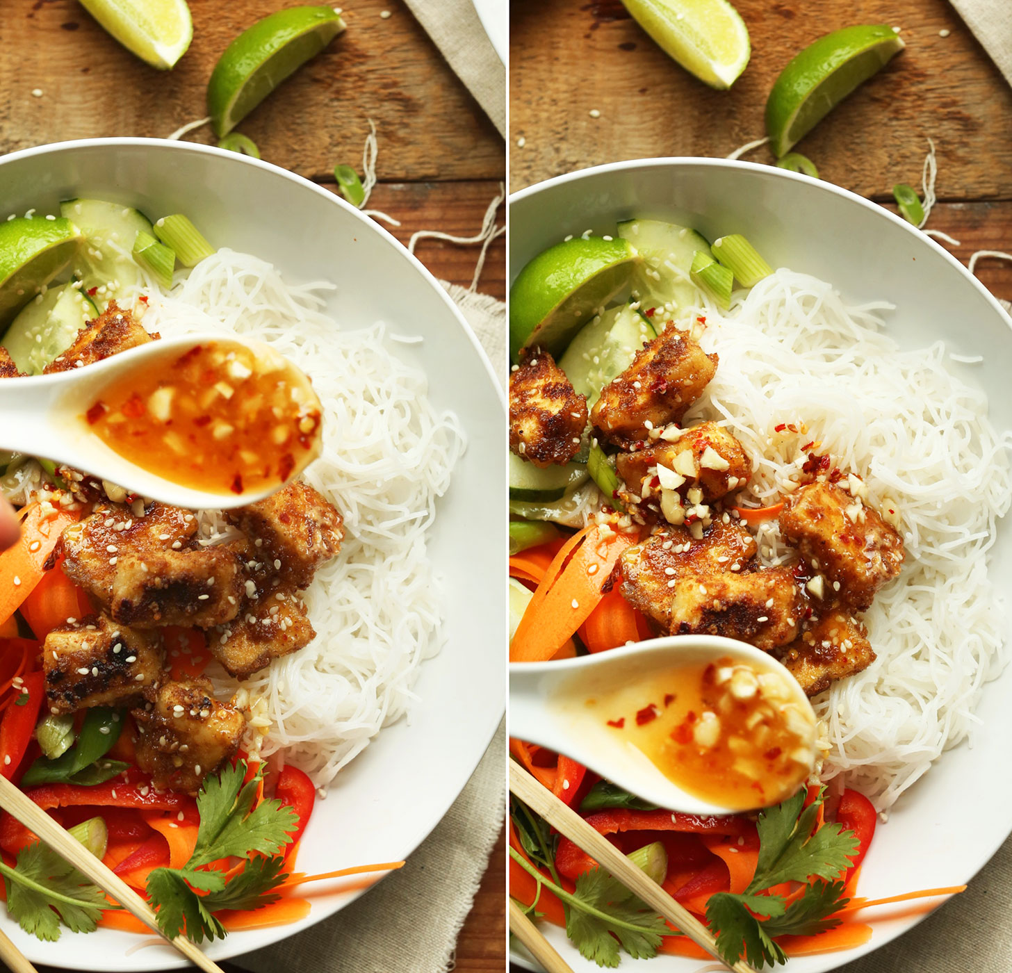 Pouring sauce onto Thai Noodle Bowls with Crispy Almond Butter Tofu