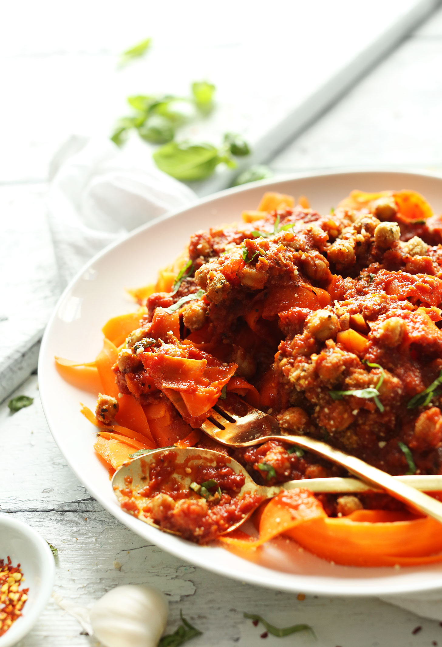 Big plate of our Chickpea Bolognese with Carrot Noodles for a gluten-free plant-based dinner