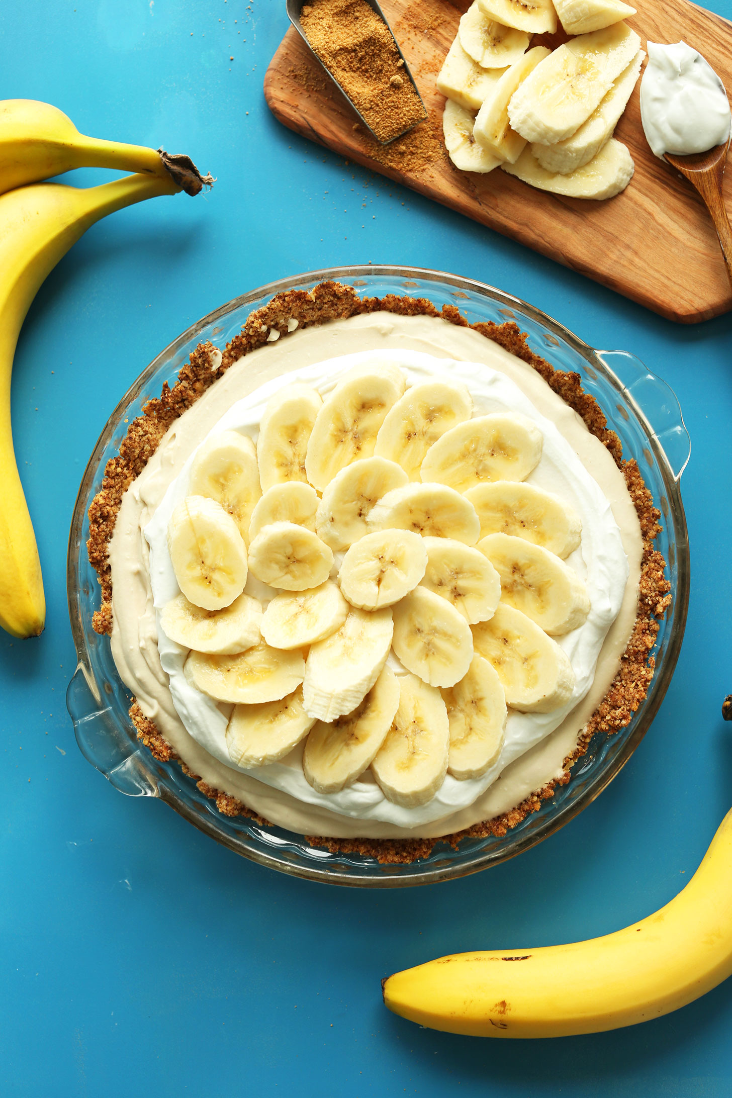Top down shot of our beautiful gluten-free vegan Banana Cream Pie