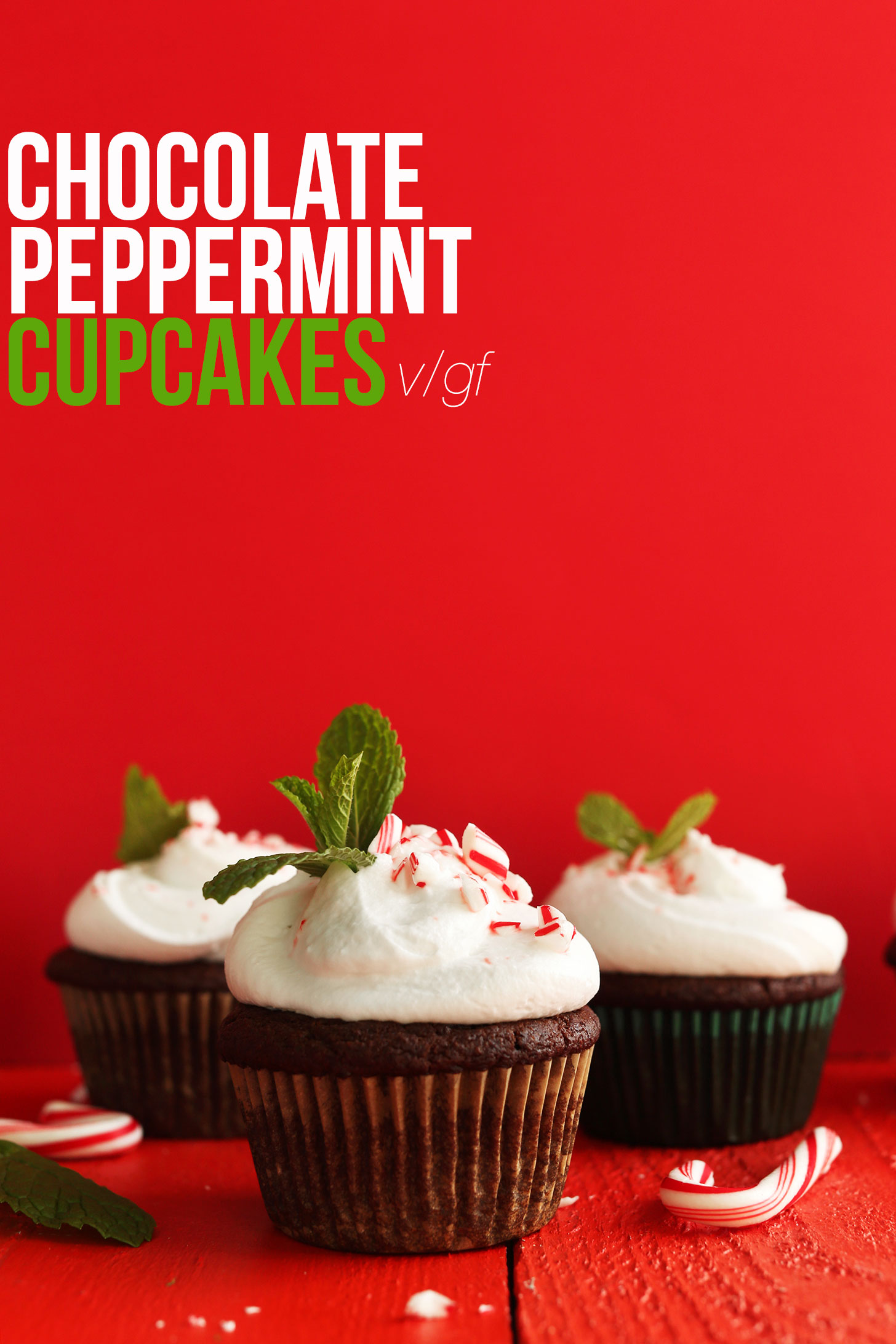 Side view of three of our homemade gluten-free vegan Chocolate Peppermint Cupcakes