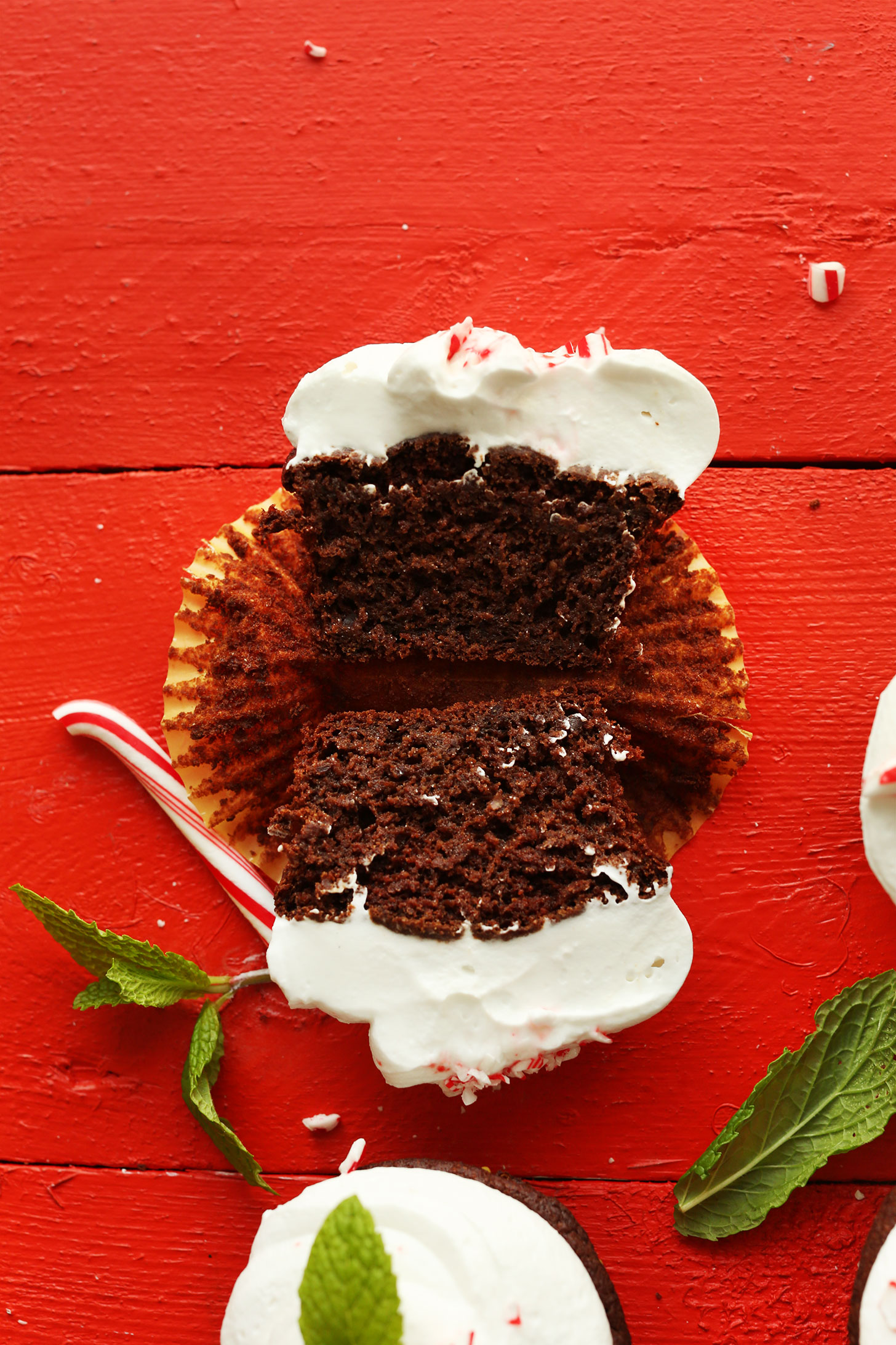 Sliced Chocolate Peppermint Cupcake for a gluten-free vegan holiday dessert