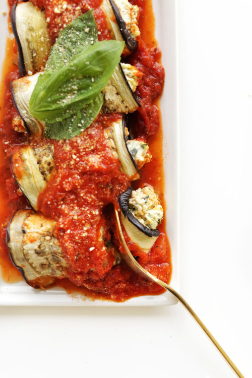 Platter of Eggplant Lasgna Roll-Ups for a delicious gluten-free vegan dinner