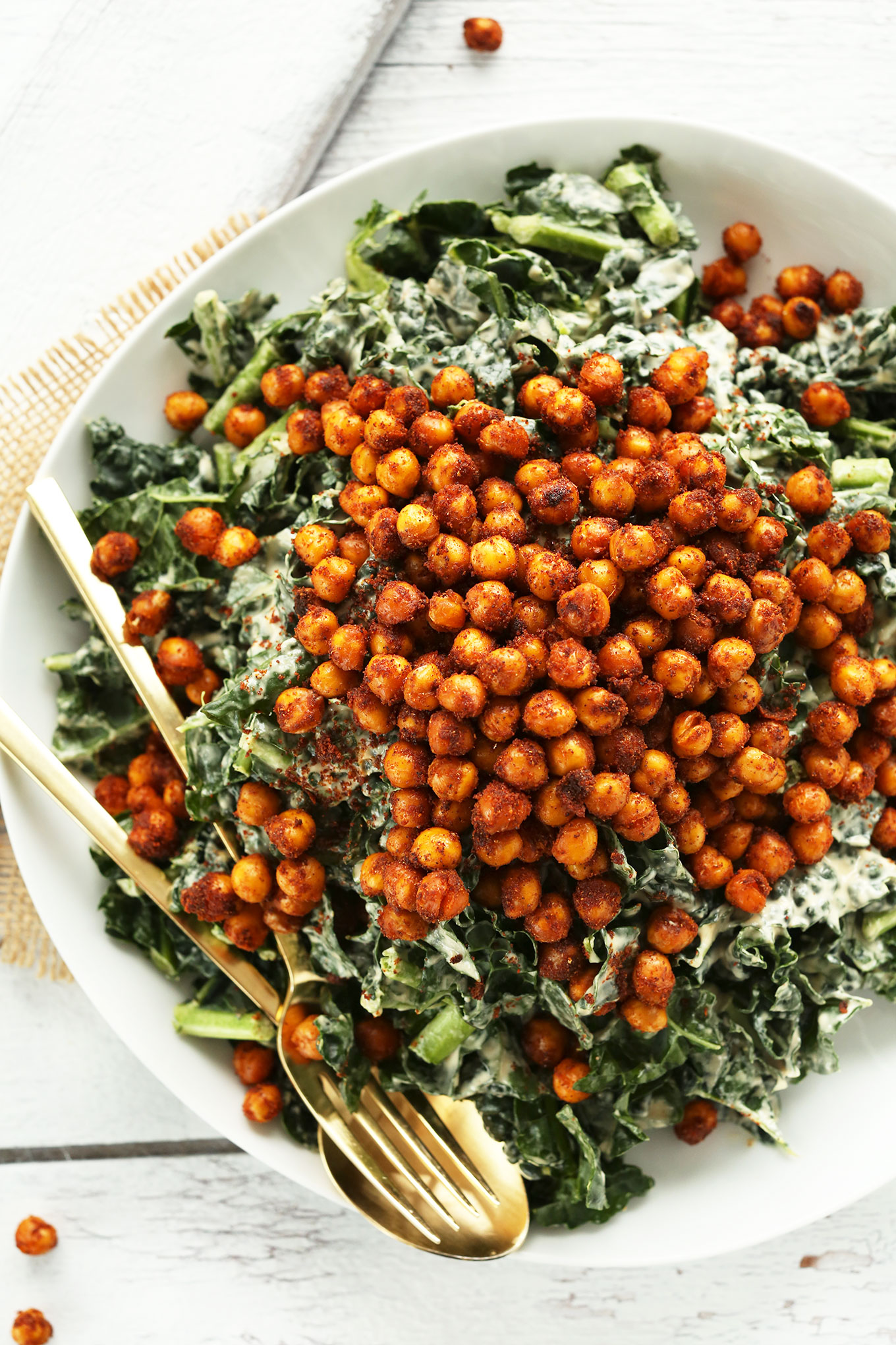 Gluten-free vegan dinner of Garlicky Kale Salad with Crispy Tandoori Roasted Chickpeas