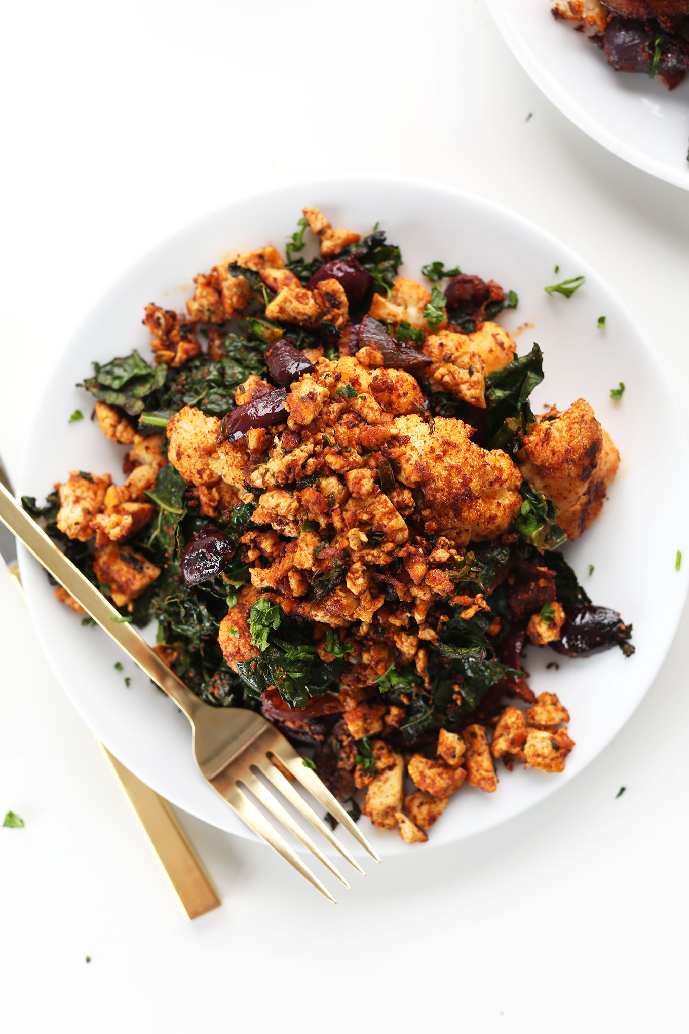 Big serving of our healthy vegan breakfast of Masala-spiced Tofu with veggies