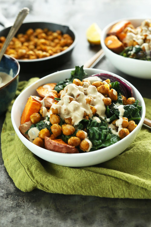 Healthy gluten-free vegan dinner of Sweet Potato Chickpea Buddha Bowls