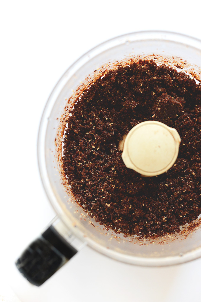 Food processor filled with freshly pulsed Hazelnut No-Bake Cookie dough