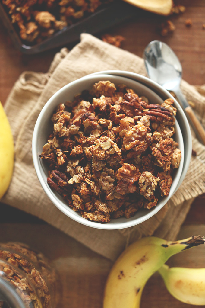 Top down shot of a big bowl of healthy homemade Banana Bread Granola