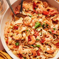 Skillet of our dairy-free Tuscan shrimp pasta recipe