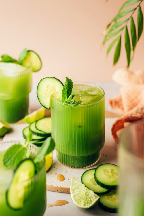 Glasses filled with our cucumber lime agua fresca recipe