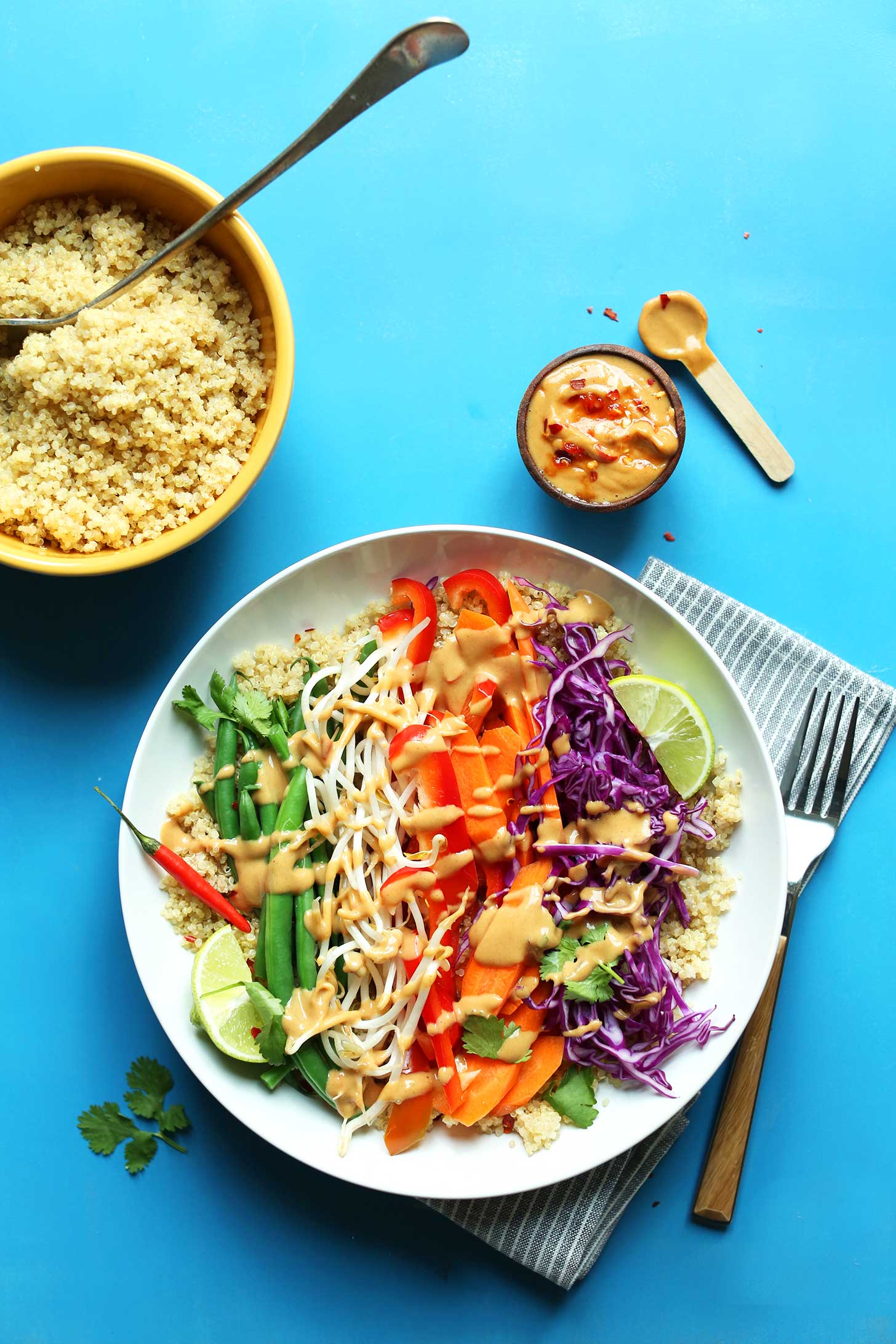 A big bowl of Quinoa Gado-Gado alongside homemade Spicy Peanut Sauce and an extra bowl of quinoa