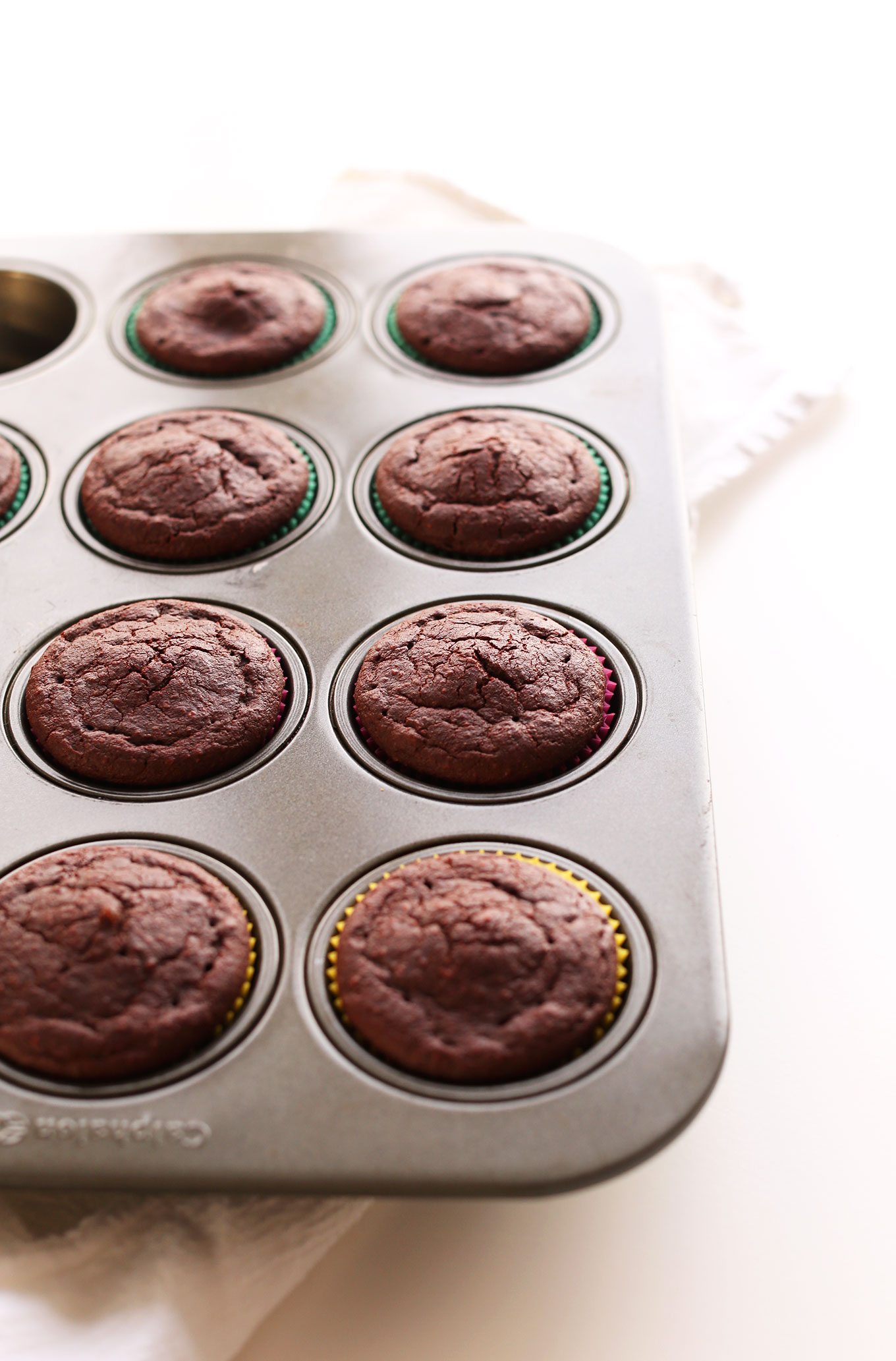Muffin tin filled with Vegan Gluten-Free Chocolate Cupcakes