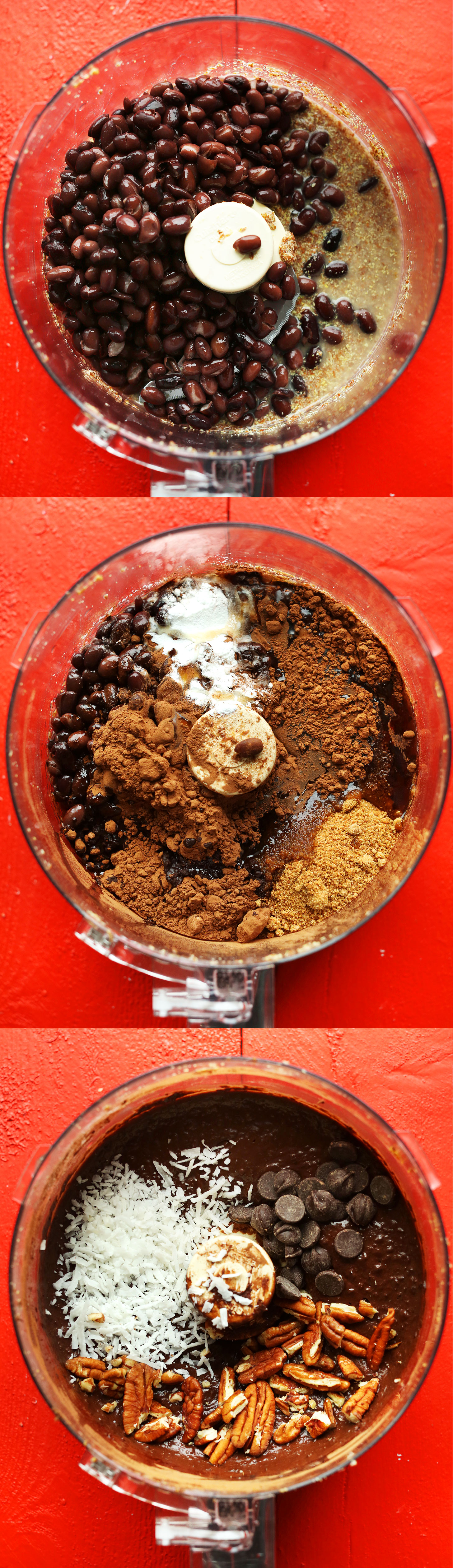 Three photos of the food processor showing the progression of adding ingredients to make Turtle Brownies
