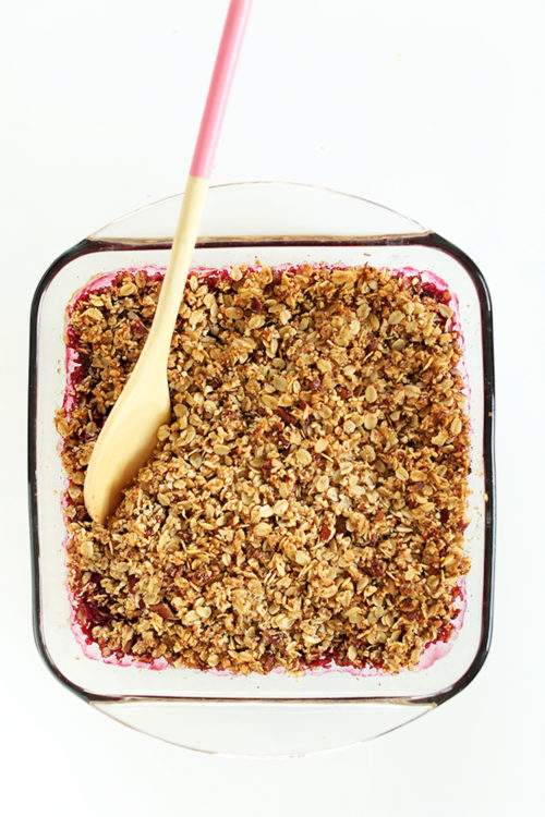 Freshly baked batch of our Raspberry Rhubarb Crisp recipe