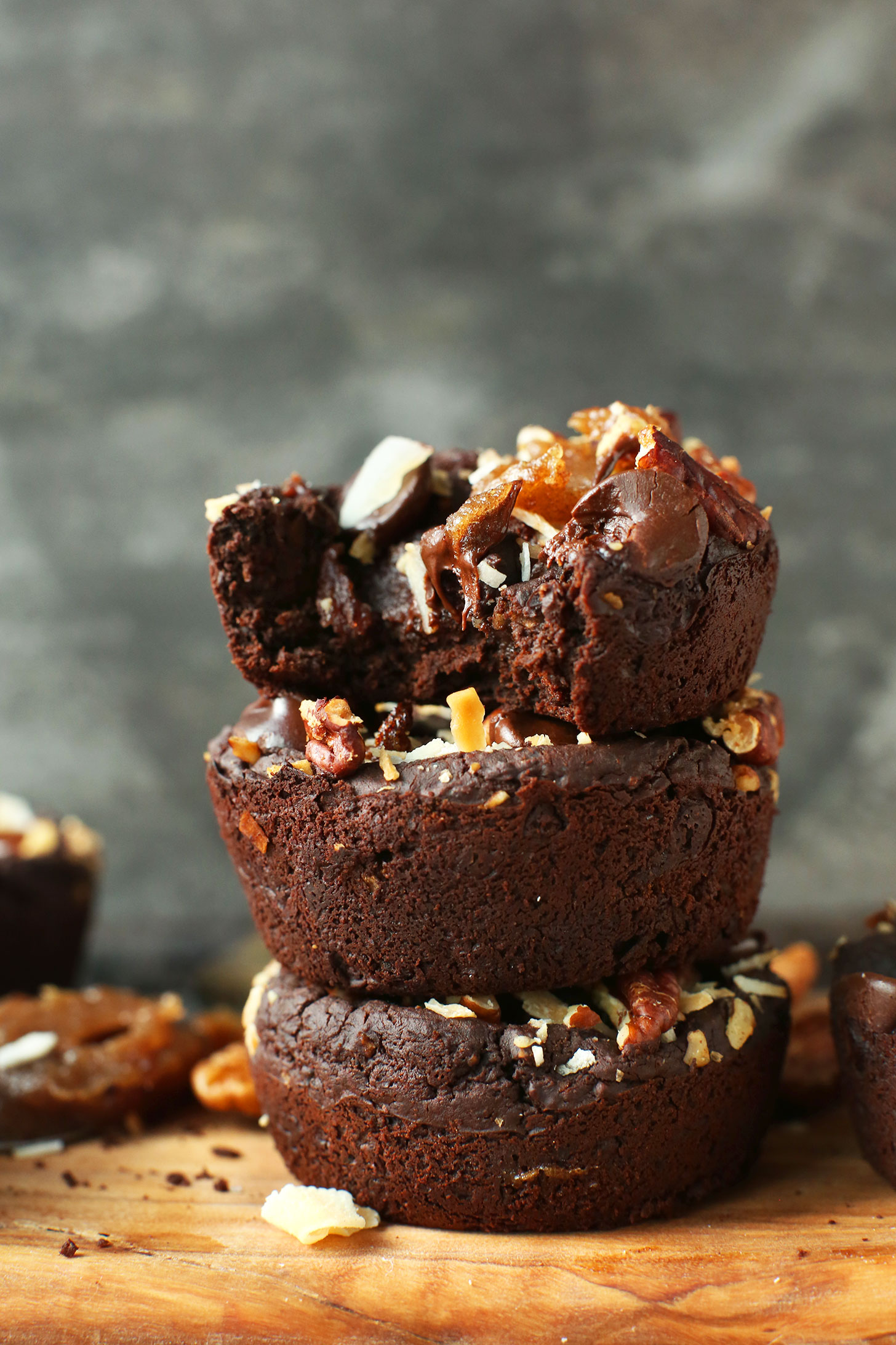 Stack of rich and fudgy gluten-free vegan Black Bean Brownies