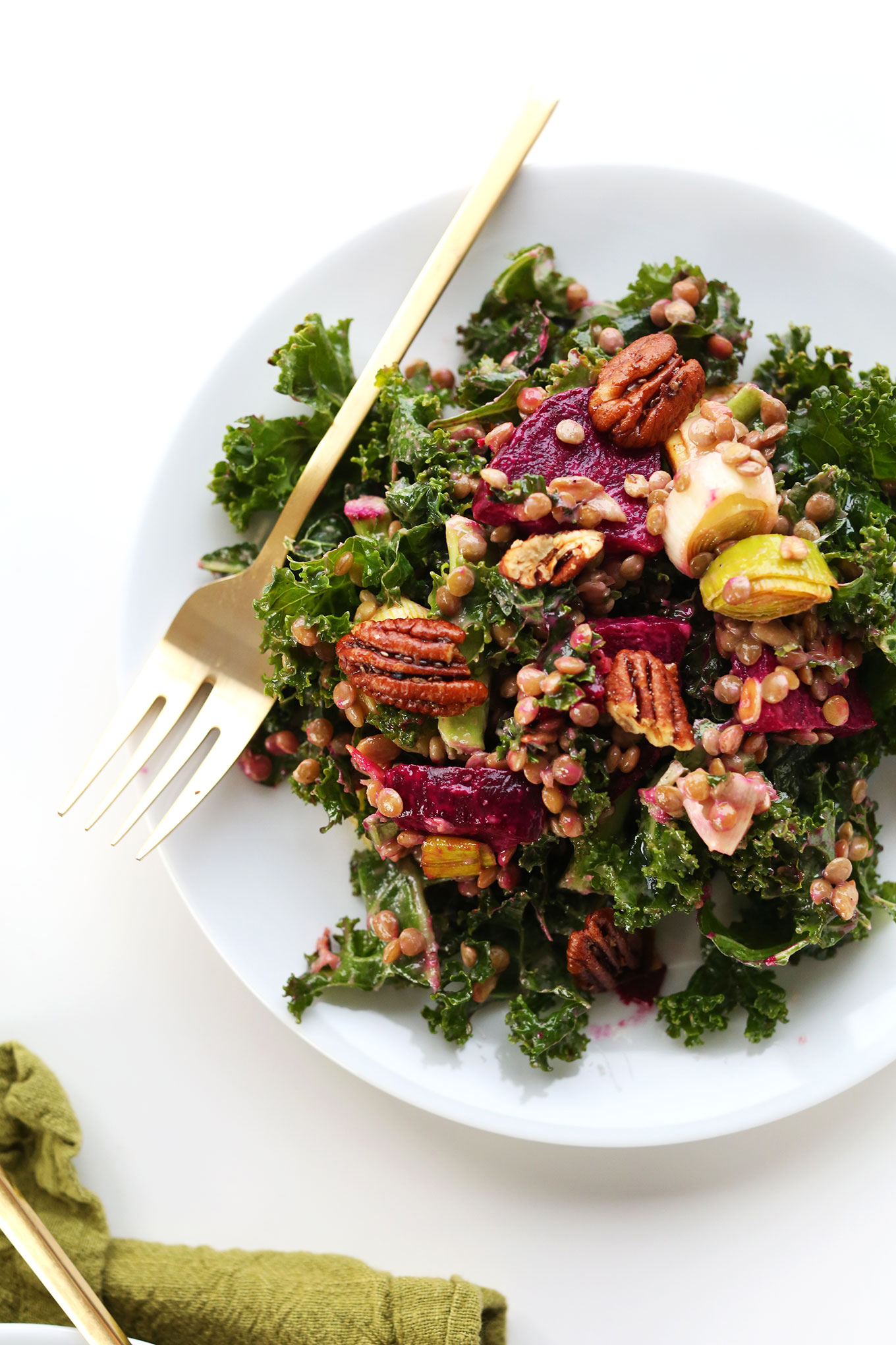 Big plate of our healthy gluten-free vegan winter kale salad