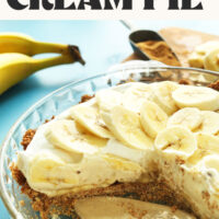 Pie plate with a partially sliced Vegan Banana Cream Pie with text above it that says gluten-free