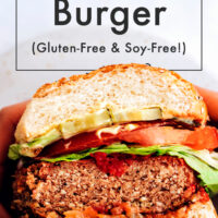 Vegan, gluten and soy-free burger with tomato slices, ketchup, and lettuce