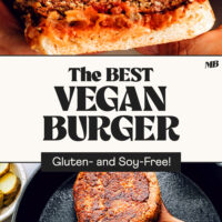 Photos of our vegan burgers cooking in a skillet and one one a bun with toppings and text between the photos saying gluten- and soy-free