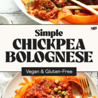 Two plates of our Simple Chickpea Bolognese with text between them that says vegan and gluten-free
