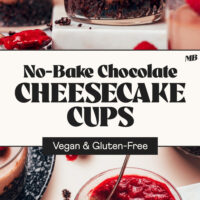 Side and overhead views of glasses filled with our No-Bake Chocolate Cheesecake Cup dessert recipe