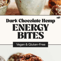 Photos of our Dark Chocolate Hemp Energy Bites in a measuring cup and one partially eaten on a cutting board with text between that says vegan and gluten-free
