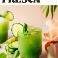 Glasses filled with our Cucumber Lime Agua Fresca recipe with text above that says just 3 ingredients