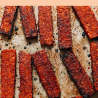 Pan of easy vegan tempeh bacon