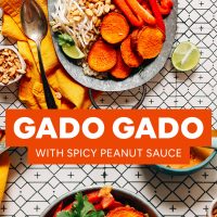 Tray and plate of Gado Gado made with Spicy Peanut Sauce with text overlaid stating the recipe title