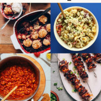 Photos of berry cobbler, macaroni salad, and more crowd-pleasing Memorial Day recipes with text that says options for all eaters