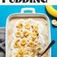 Overhead photo of a pan of our Peanut Butter Banana Pudding recipe with text above that says vegan and 5 ingredients