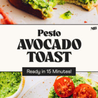Slices of Pesto Avocado Toast with text on a ceramic platter that says ready in 15 minutes