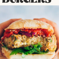 Hands holding a veggie burger with text above it that says plant-based, 30 minutes, and Easy Pizza Burgers