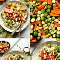 Photos of our nourishing roasted vegetable harvest bowl with quinoa, brussels sprouts, carrots, potatoes, pomegranate seeds, and a tahini dressing