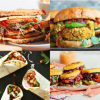 Photos of our tempeh sandwich, white bean burger, chickpea wraps, arepas, pizza burgers, and nutella sandwiches for our vegan sandwich recipe round-up