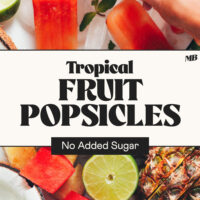 Photos of homemade fruit popsicles on a plate of ice cubes and a cutting board with fresh fruit used to make the popsicles