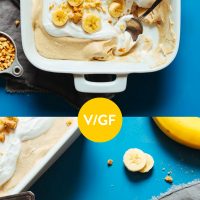 Pan and plate of our Vegan Peanut Butter Banana Pudding recipe
