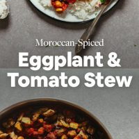 Plate and pan of our Moroccan Spiced Eggplant and Tomato Stew
