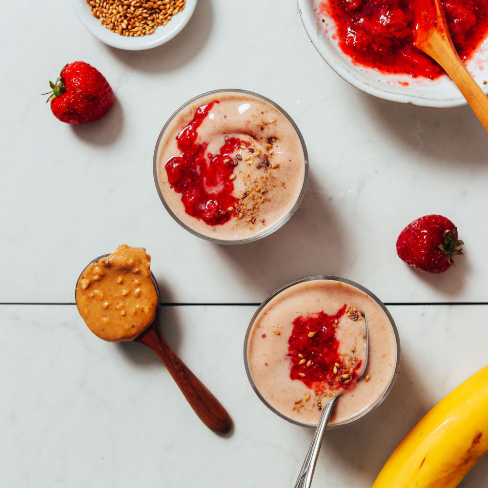 PB&J Smoothies topped with homemade strawberry compote