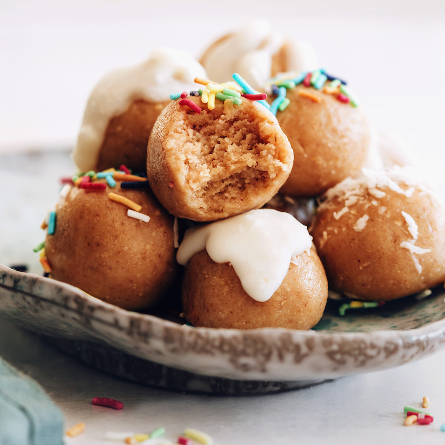 Plate of gluten-free vegan no-bake sugar cookie bites