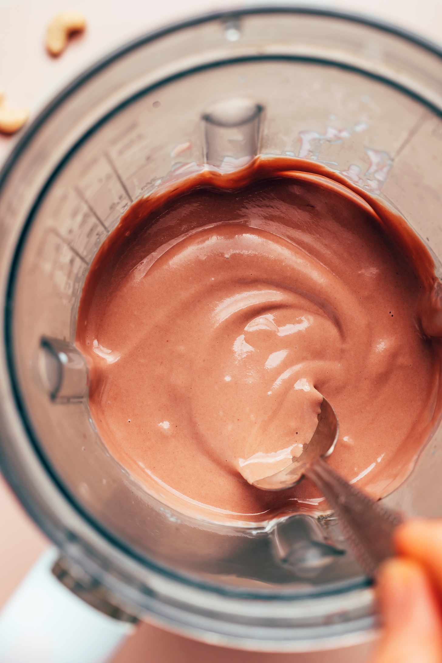 Creamy no-bake vegan chocolate cheesecake cup filling in a blender