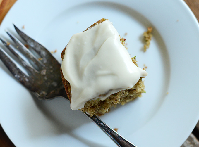Slice of Gluten-Free Zucchini Cake with Cream Cheese Frosting