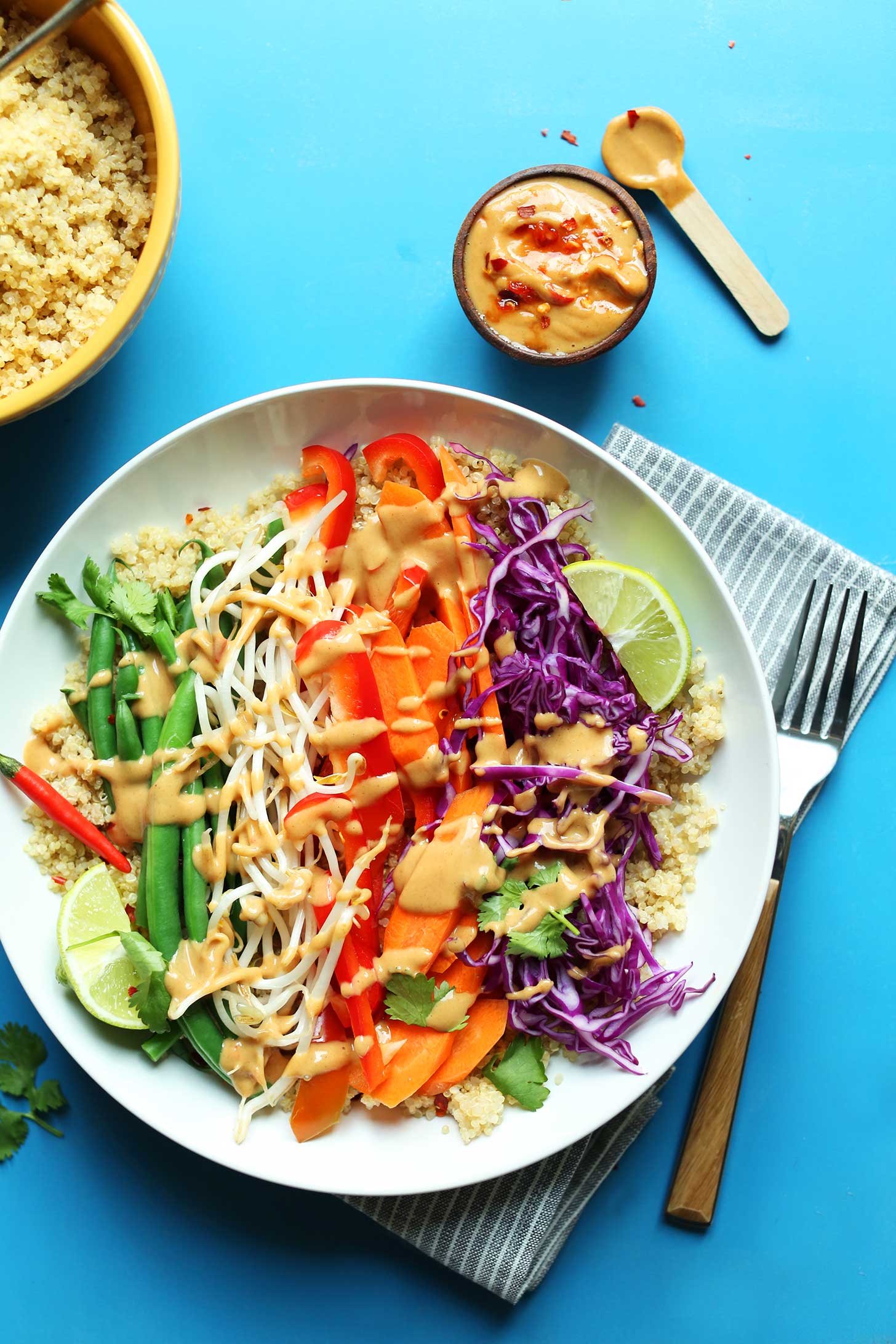Bowl filled with Quinoa Gado Gadp with Veggies and Spicy Peanut Sauce for a simple healthy plant-based meal