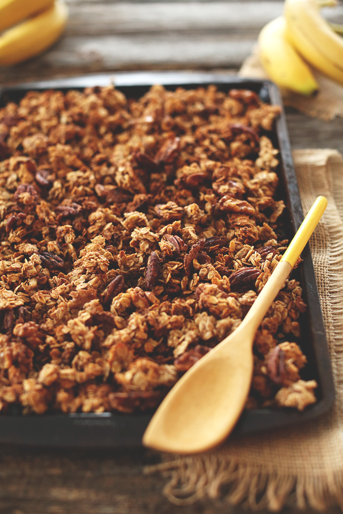 Baking sheet with freshly baked Vegan Banana Bread Granola