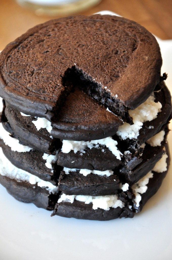 Big stack of our homemade Oreo Cookie Pancakes recipe